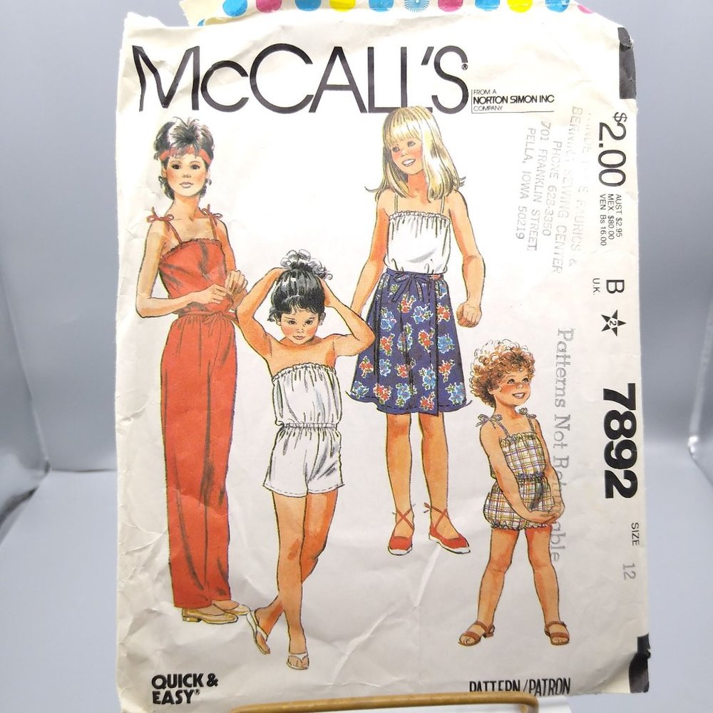 Vintage Sewing PATTERN McCalls 7892, Girls 1982 Jumpsuit and Skirt, Child Size